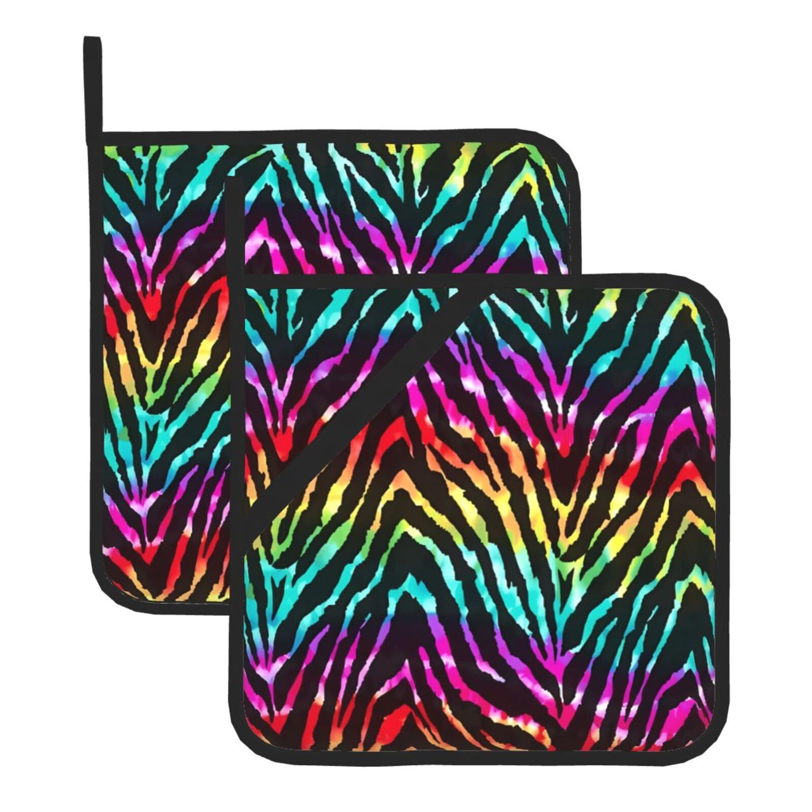 HJFCZH Colorful Rainbow Zebra Prints Square Hot Pads for Kitchen Counter - Waterproof Pot Holders, Durable Heat Resistant Throw Layers for Serving, Oven & BBQ - 2 Pack