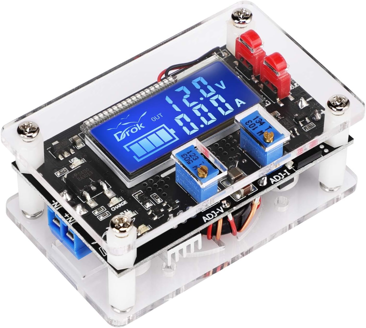 DROK Adjustable Voltage Regulator, DC Buck Boost Converter 6-30V to 0.5-30V 4A 60W 5V 24V Voltage Converter, 12V Power Supply Step Up Step Down Transformer with USB Port Case LCD Display Volt Amp