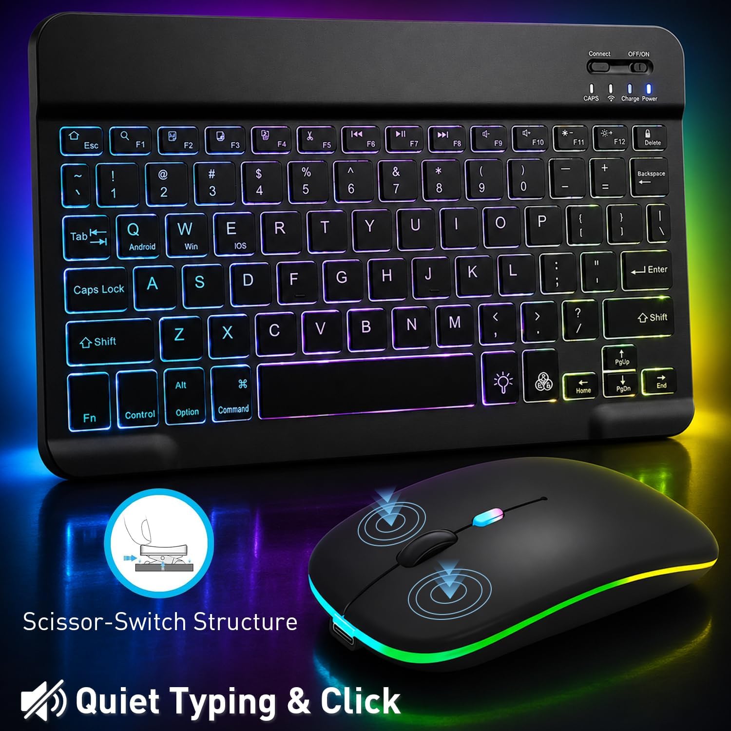 Backlit Bluetooth Keyboard and Mouse for iPad, Rechargeable Slim Portable Wireless Keyboard and Mouse for iPad Tablets, Compatible for All iOS/Windows/Android System Devices-Black