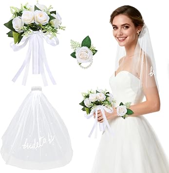 Wedding Bouquets for Bride Bridesmaid with Bride to Be Veil and Wrist Corsage, White Artificial Roses Flowers Bridal Accessories for Wedding Marriage Proposal Church Decoration 8.6in