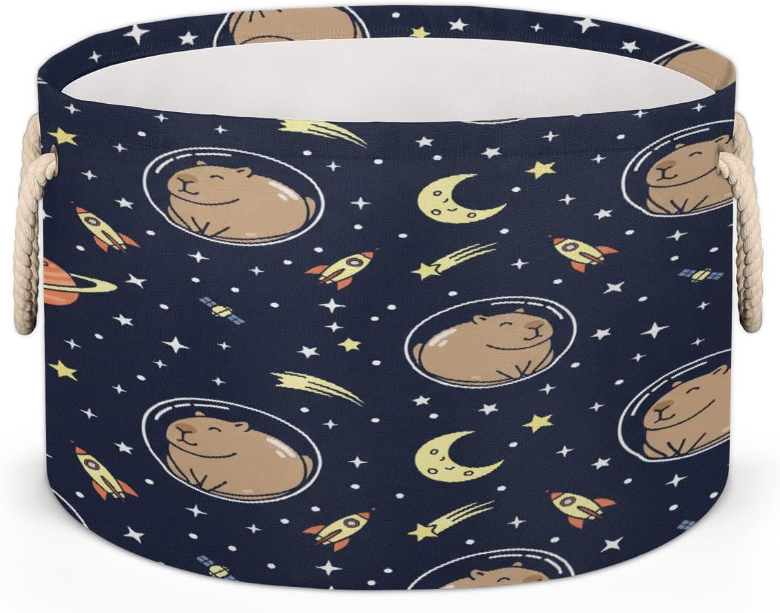 Large Storage Baskets - Space Capybara Astronaut Nursery Round Collapsible Organizer Bin Box, Laundry Hamper for Kids Toys, Blanket, Bedroom Living Room Home Decor, Gift Basket, 19.4"x13.3"