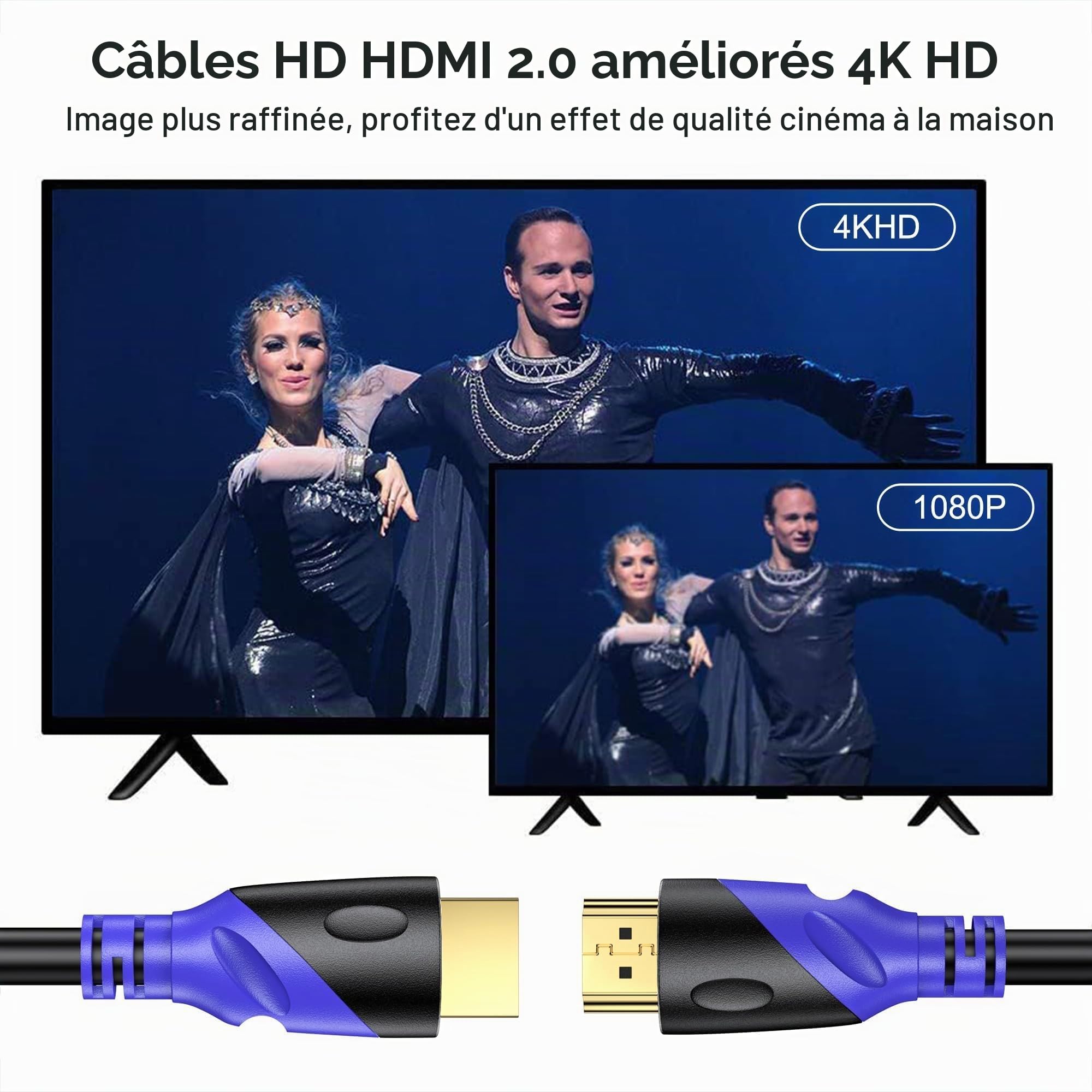 Câble HDMI 4K/60HZ 30m (HDMI 2.0, 18 Gbit/s) Connecteurs Plaqués or Ultra Haut Débit, Retour Audio Ethernet, Compatible avec Blu - Ray, Playstation, Ordinateur Portable, PS34/5, PC, HDTV
