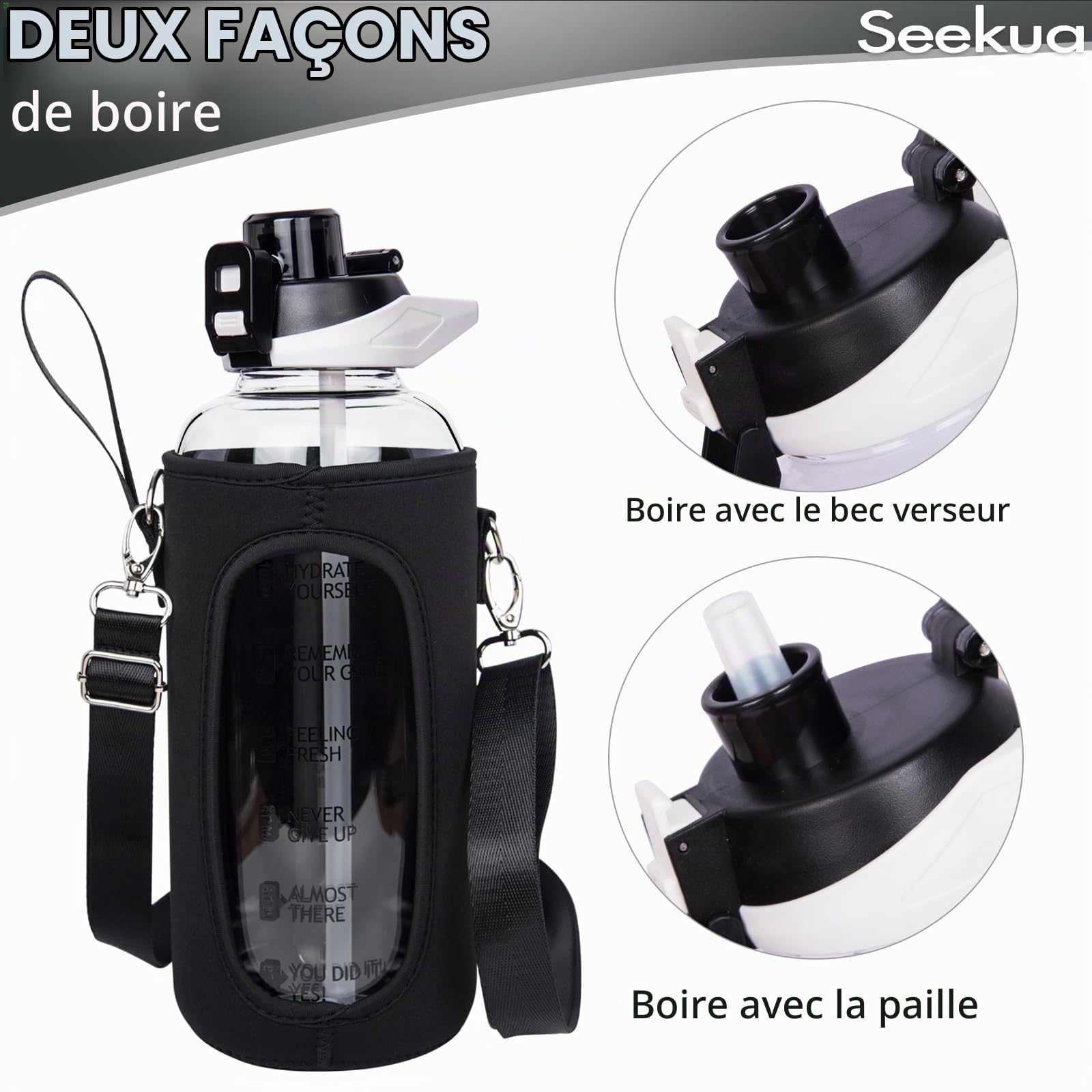 2l Sport Gourde Verre avec Paille & Heure de Motivation 2 litres grande Bouteille d'eau Verre Réutilisable sans BPA avec Marqueur de Temps