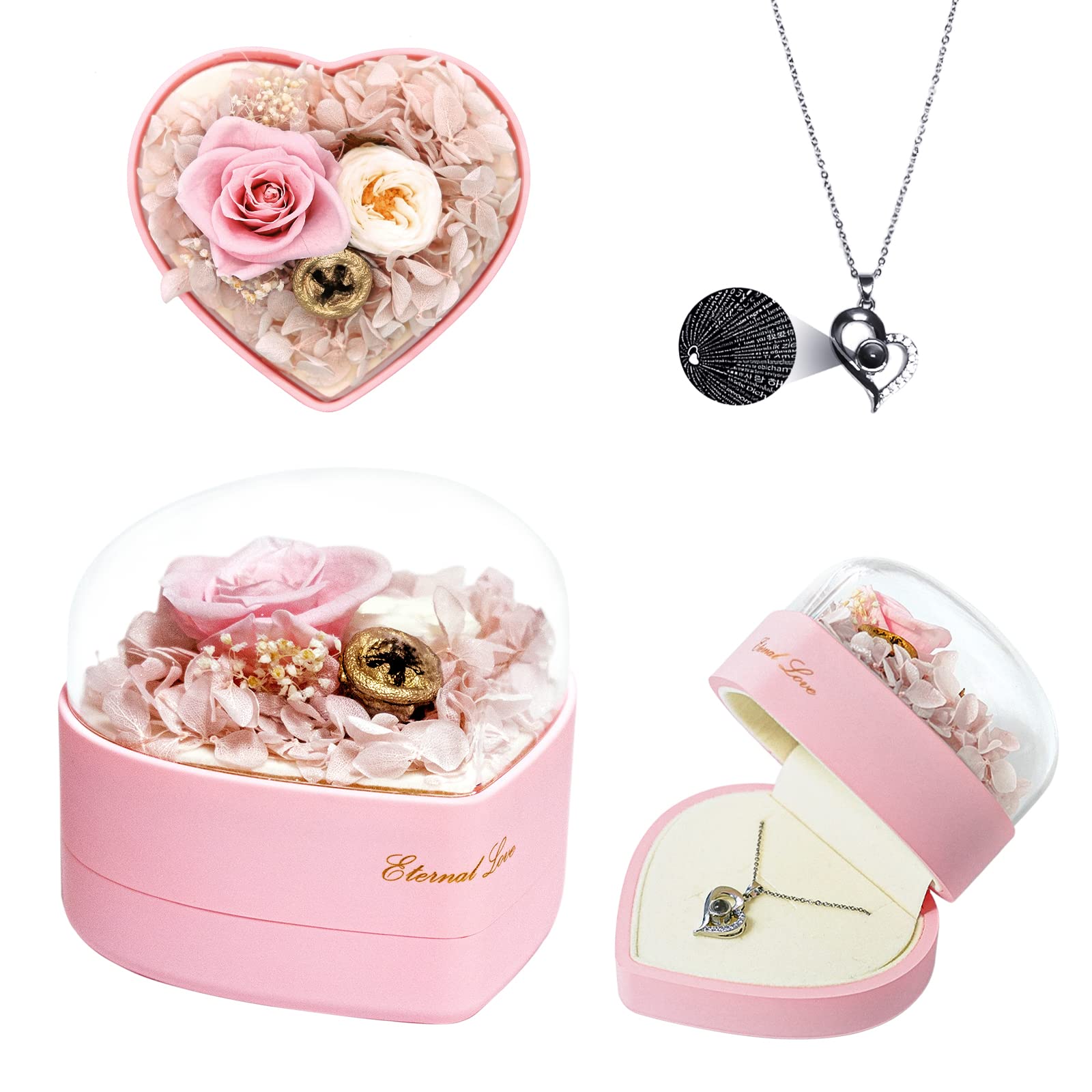 KALAWA Preserved Pink Real Rose with I Love You Necklace in 100 Languages -Rose Flower Gifts for Mom Girlfriend Her on Mothers Day Valentines Day Anniversary Birthday Gifts for Women