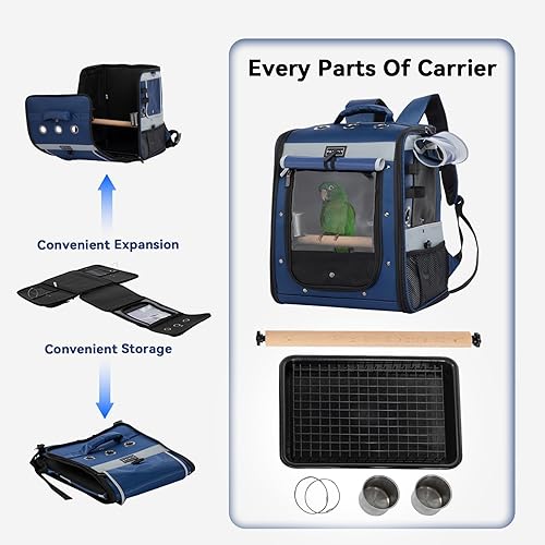 Vista 22 de Petsfit Transportador de pájaros de tamaño mediano con cuenco de acero inoxidable, mochila de loro incluye bandeja deslizante para una fácil Azul