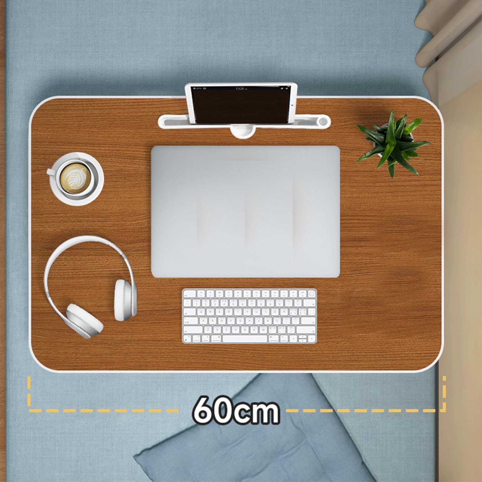 Tavolino Pieghevole con Porta Bicchiere E Leggio for Tablet, 60x40 Cm, Salvaspazio, Facile da Trasportare, Ideale for Soggiorno, Camera, Aree Relax E Smart Working(Original Wood Colour)