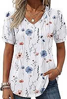 Zeagoo Women's Puff Short Sleeve Boho V-Neck Floral Pleated Tunic Top - Casual Summer Blouse