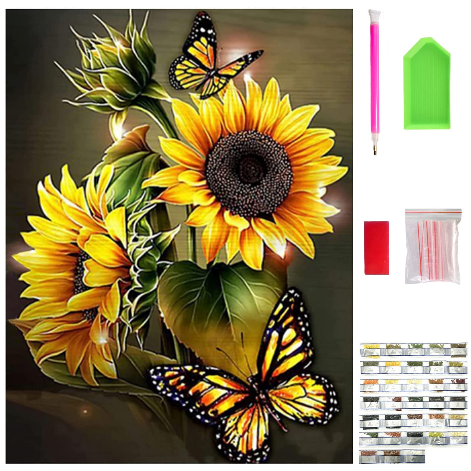 Butterfly Sunflowers Diamond Painting Kits for Adults, Full Drill Round 5D Diamond Art Kits for Beginners, DIY Art Craft Kits, Gifts for Friends & Family, Flowers Picture for Home Wall Decor 40*30cm.