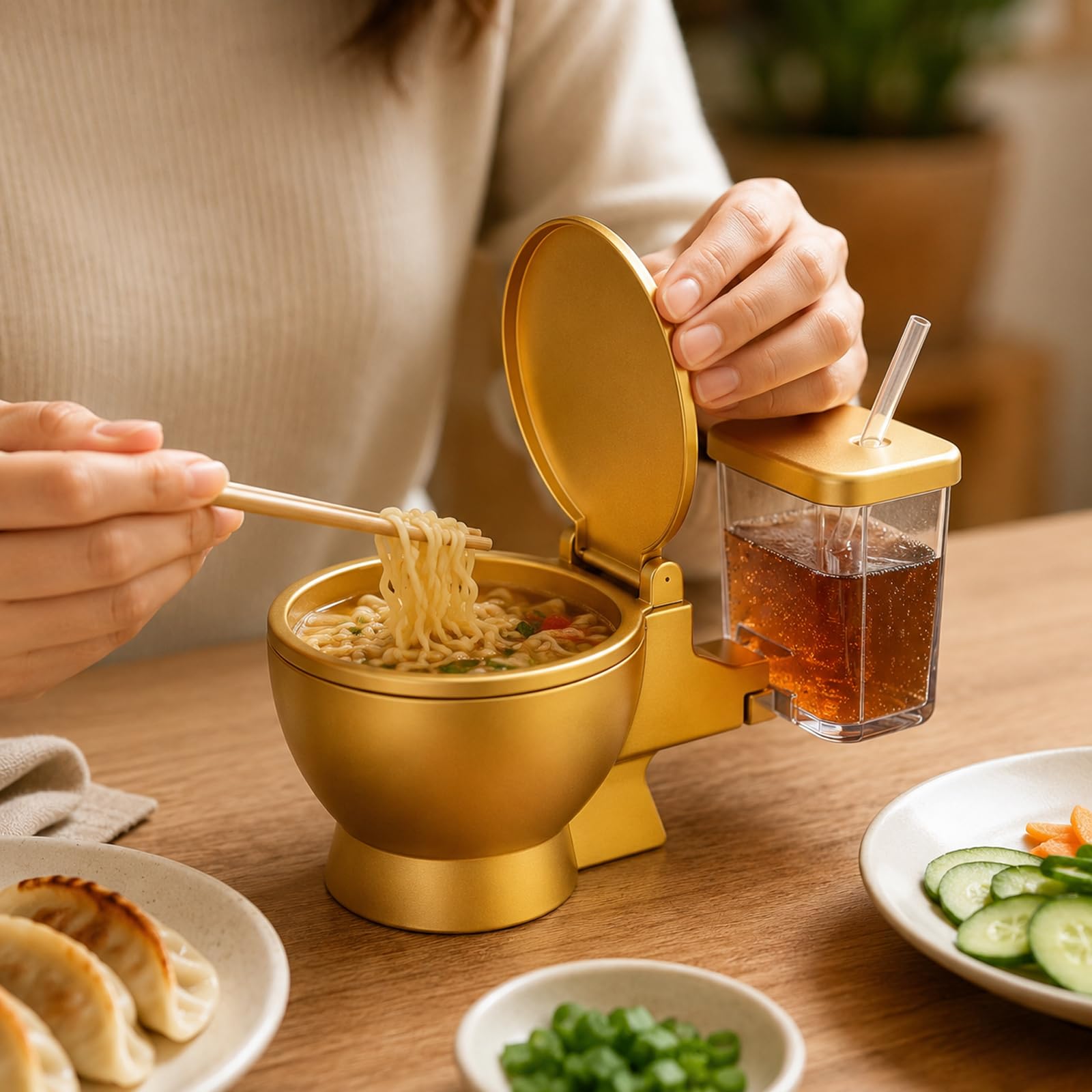 Lot de 2 bols à ramen de toilettes avec tasse et paille intégrées, ensemble de bols à ramen en forme de toilettes, bols à nouilles réutilisables et boissons pour nouilles instantanées, cadeau amusant