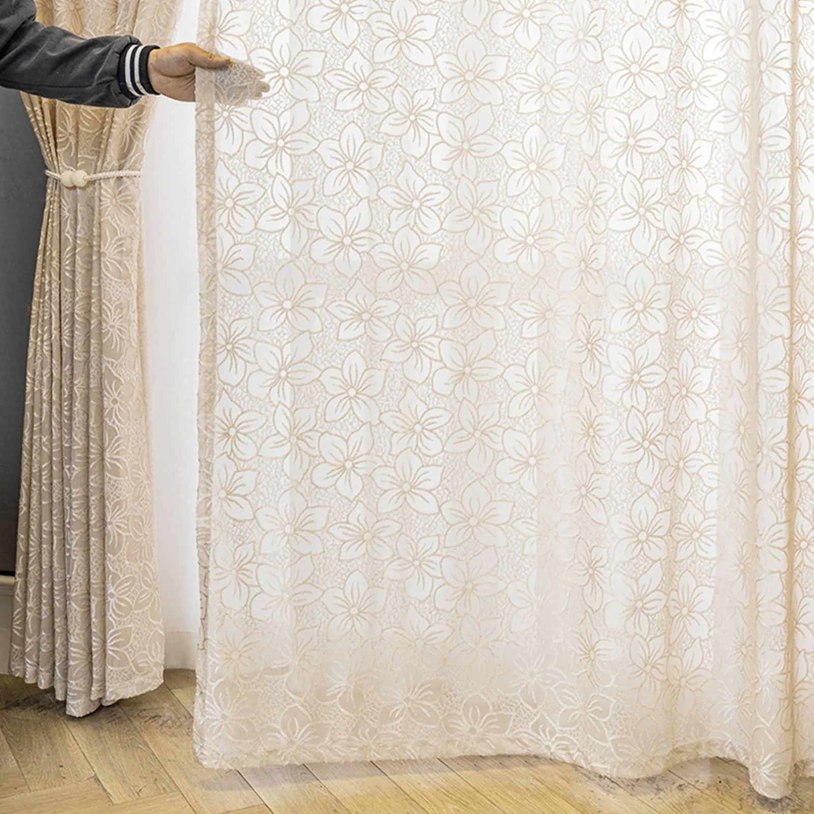 Vorhänge Durchsichtig, Gardinen mit Blumenmuster Fenstervorhänge Schlafzimmer 2er Set H 183 x B 107 cm, Beige