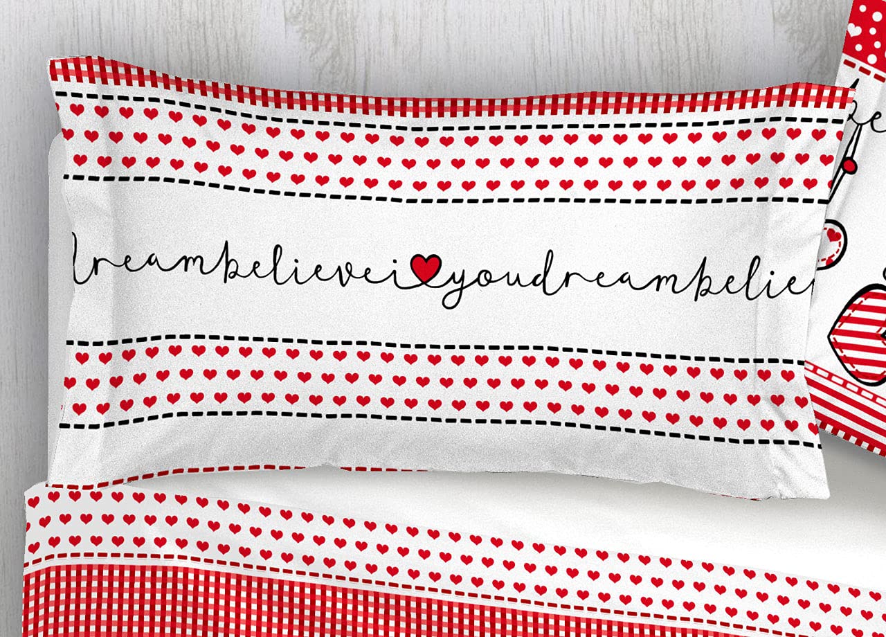 Set Completo Lenzuola in 100% Cotone Made in Italy Fantasia Natale Cuori Renne Singolo Dream Rosso