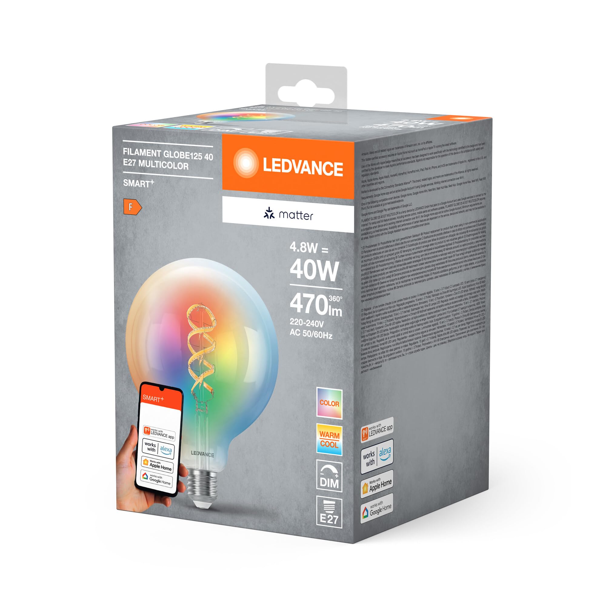 LEDVANCE SMART+ MATT LED lampe, compatible avec Google, Alexa, Apple, Glass Blanc, 4,8W, 470LM, E27, Couleur Lumière et Lumière blanche, avec Vocal Control, jusqu'à 15 000 HRs, 4-Pack
