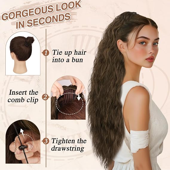 BARSDAR Dark Brown with Highlight Long Curly Wavy Drawstring Ponytail Extensions 30 Inch Synthetic Comb Clip in Pony Tails Hairpieces for Women - Voluminous Highlight Bohemian Drawstring Ponytail
