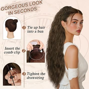BARSDAR Dark Brown with Highlight Long Curly Wavy Drawstring Ponytail Extensions 30 Inch Synthetic Comb Clip in Pony Tails Hairpieces for Women - Voluminous Highlight Bohemian Drawstring Ponytail