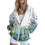 Womens Zip Up Hoodies Boho Floral Long Sleeve Sweatshirts Casual Graphic Y2K Hoodie Fall Hooded Jacket with Pockets