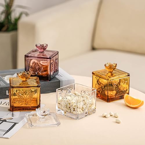 Miniatura 6 de Tarro de cristal en relieve con tapa, juego de 2 joyeros decorativos coloridos, para boda, dulces, bufé, tarro de almacenamiento de cocina, para