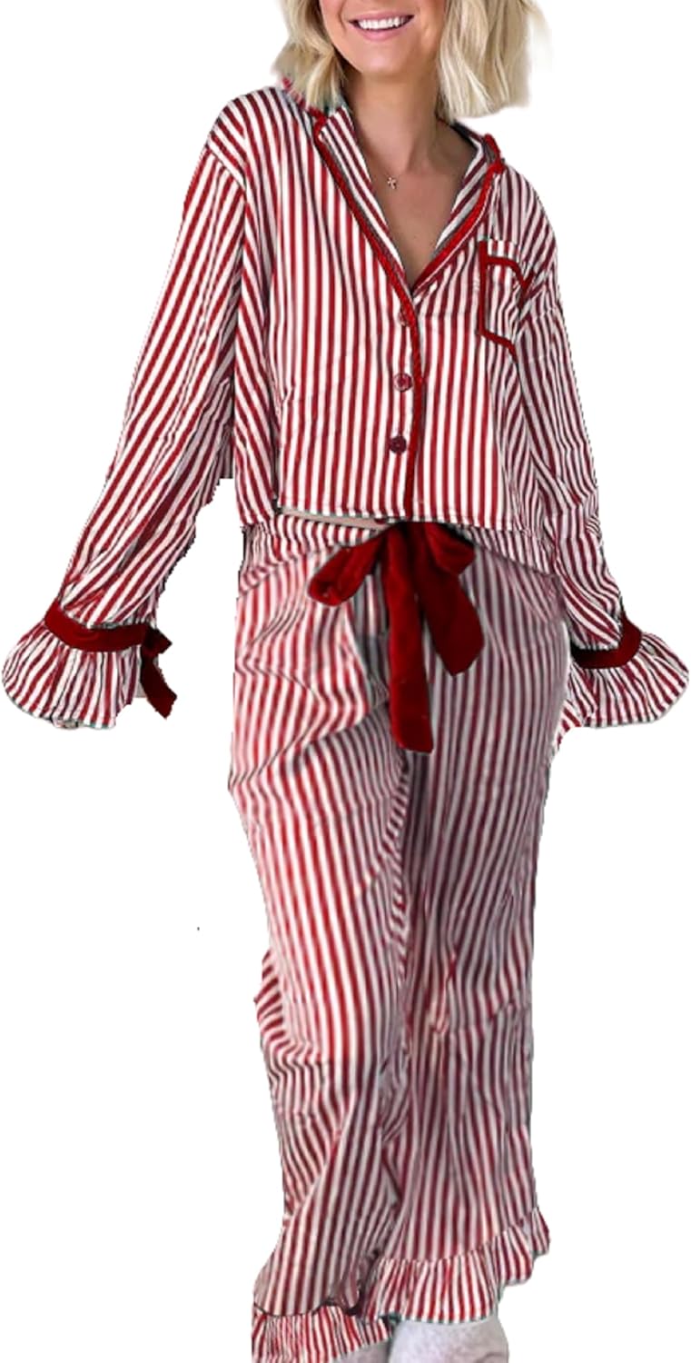 Luckinbaby Women Christmas Satin 2 Piece Pajamas Set Bow Tie Long Sleeve Shirts Pants Santa Claus Print Pjs Set Sleepwear