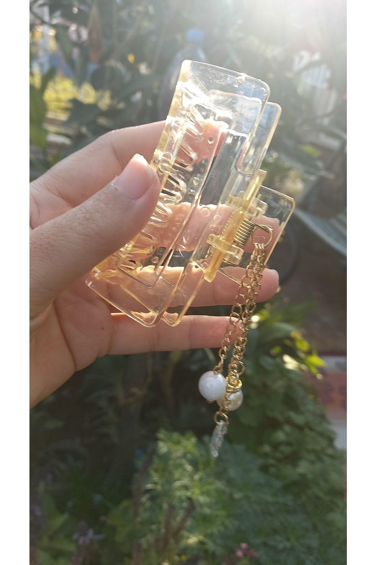 Hb Tasarım Şeffaf Incili Dikdörtgen Model Sarı Renk Mandal Toka (8,5 Cm)