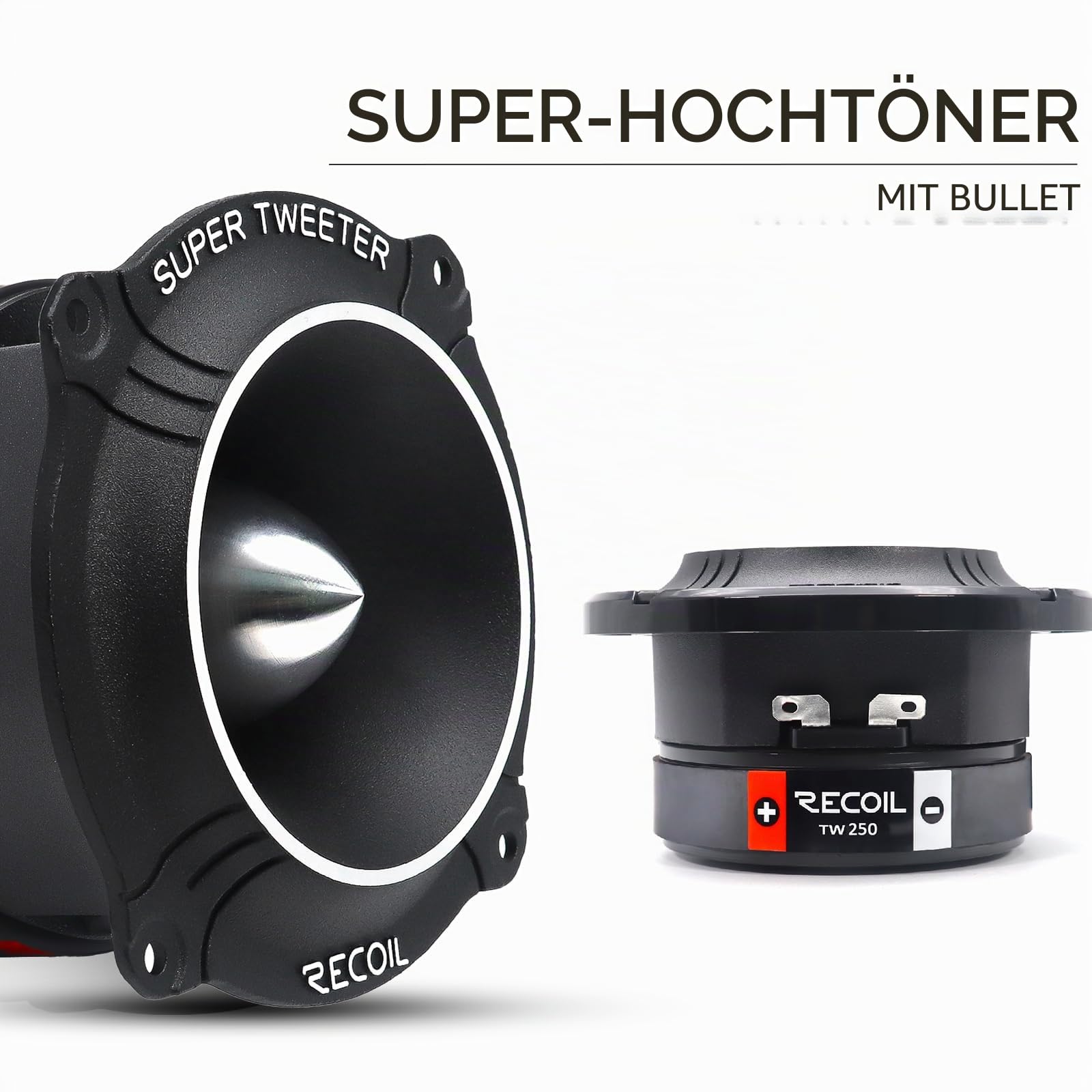 RECOIL TW250 96mm Hochkompressions-Hochtöner (Tweeter) für Auto - 1" Kapton-Schwingspule, Alu-Rahmen & Membran - 400W Max / 200W RMS, 4 Ohm