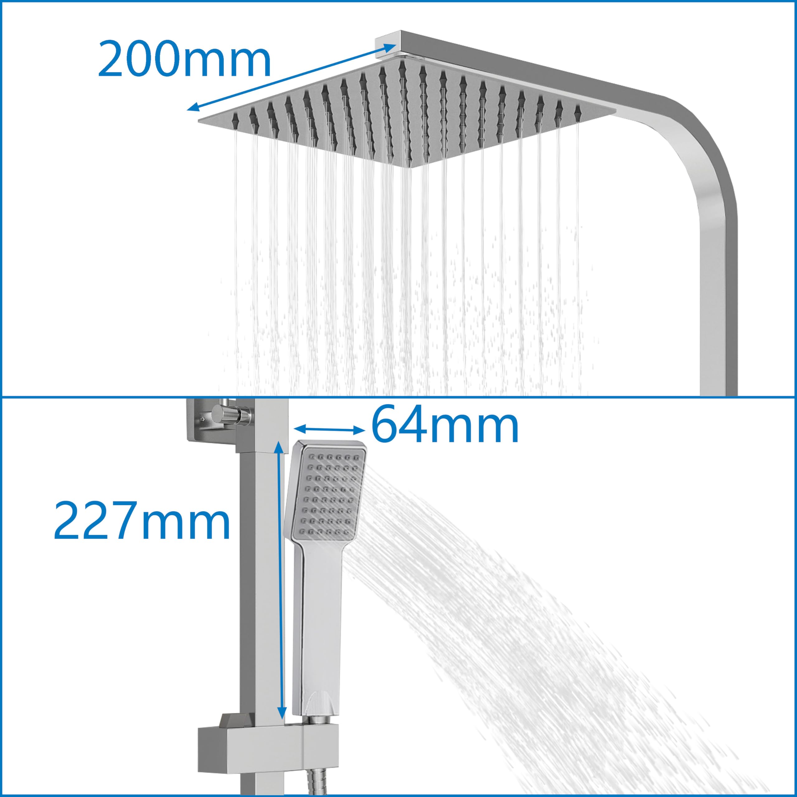 Sistema de columna de ducha termostática con mezclador termostático, ducha de mano cuadrada y ducha con cabezal, columna de ducha ajustable en altura 760-1180mm,cromado (cuadrado1)