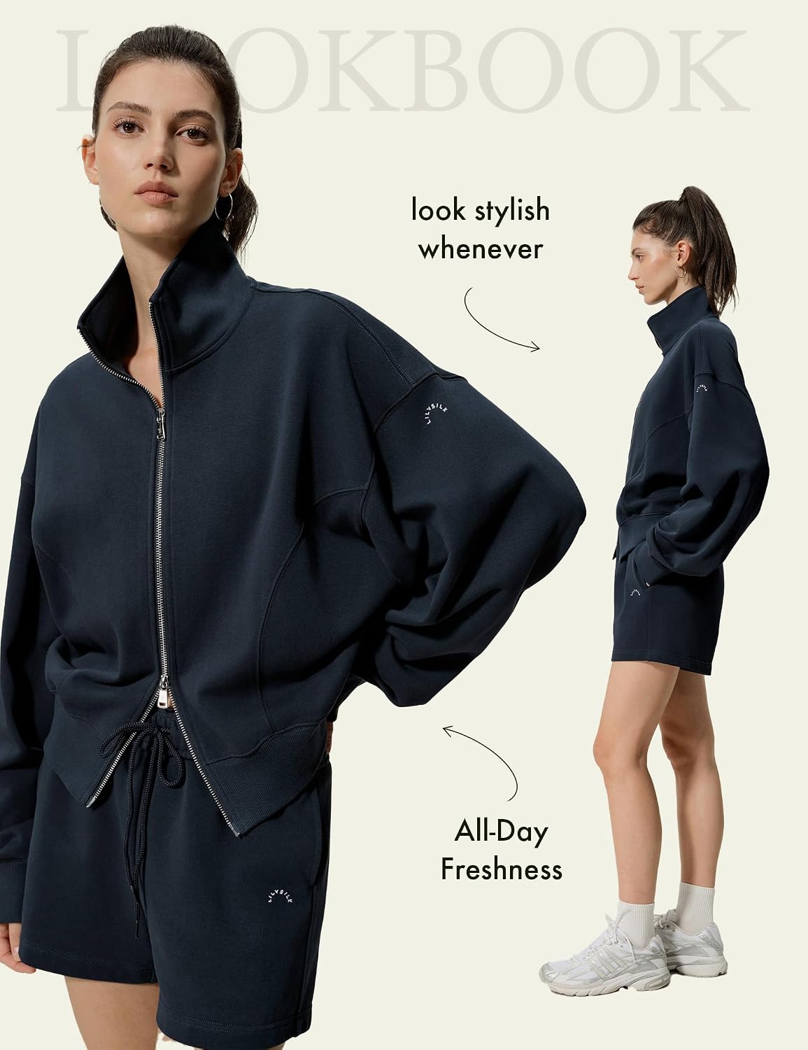 LilySilk Women Silk Terry Sweatshirt Ladies Zip-up Light Jacket with Stand Collar and Drop Shoulder for Casual or Sports