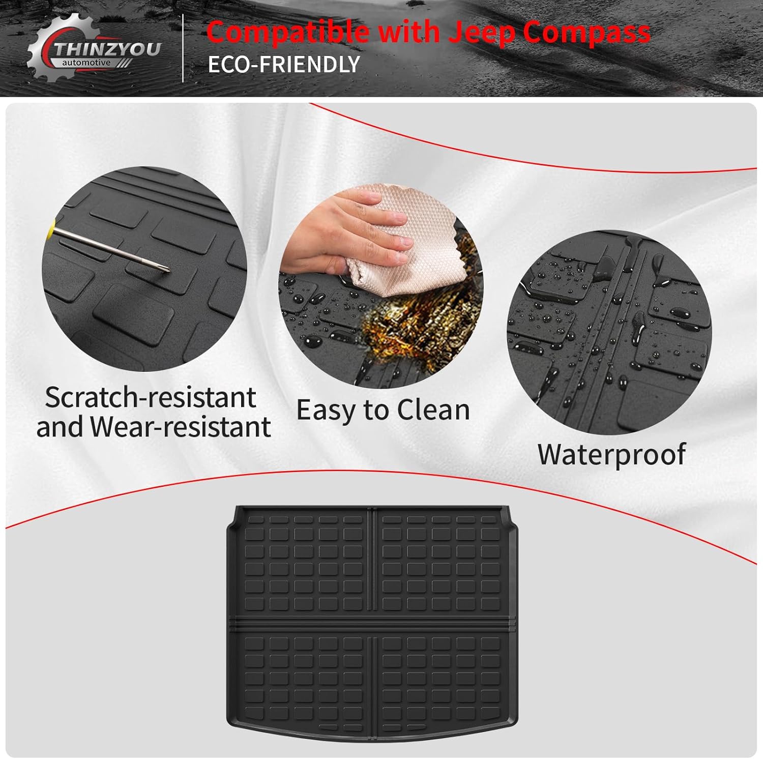 Floor Mats Compatible with 2017-2025 2026 Jeep Compass Trunk Mat Cargo Liner Cargo Mat TPE All Weather Back Seat Cover Protector 2024 Compass Accessories (Trunk Mat Backrest Mats Floor Mats)