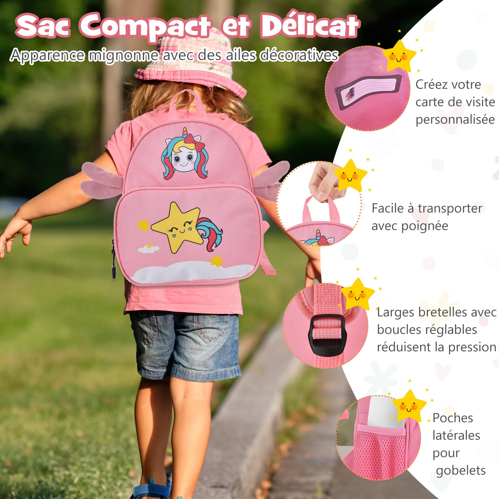 GOPLUS Valise Enfant Fille Garçon, Valise Enfant à roulettes 18" & Sac à Dos 12", Bagage Voyage Enfant d'Assise avec Repose-Pieds, Surface Étanche, Poignée Réglable, Motif Licorne Rose, Charge 50/8KG