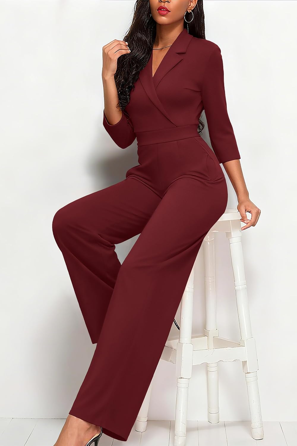 FANDEE Formal Jumpsuits for Women, High Waist Wide Leg Rompers Business Work 3/4 Sleeve One Piece Outfits with Pockets - Image 5