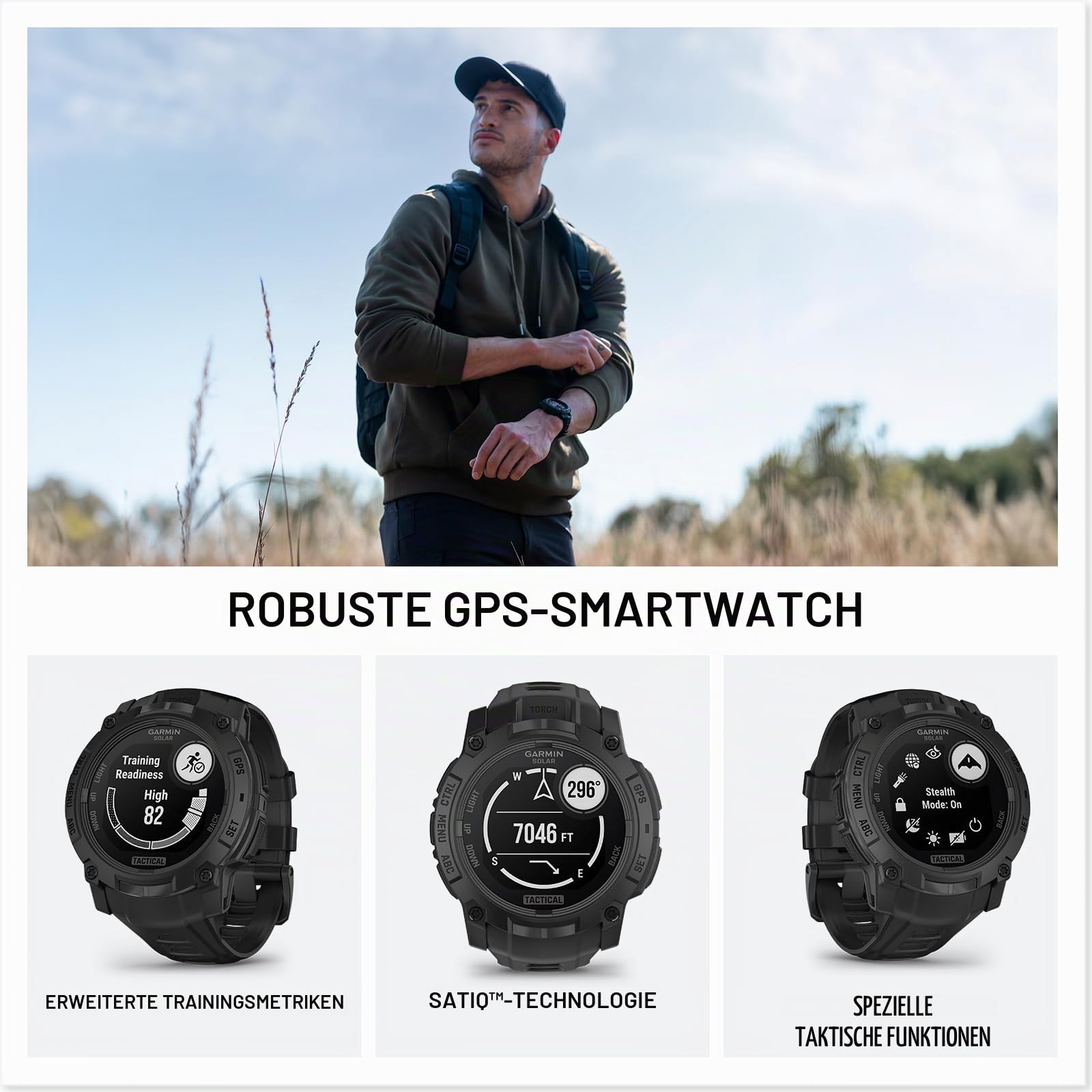 Garmin Instinct® 3 Tactical Edition, 45 mm, solarbetriebenes Display, robuste Outdoor-GPS-Smartwatch | Outdoor GPS Smartwatch, Solar Charging, Dedizierte taktische Funktionen, metallverstärkte Lünette, eingebaute Taschenlampe