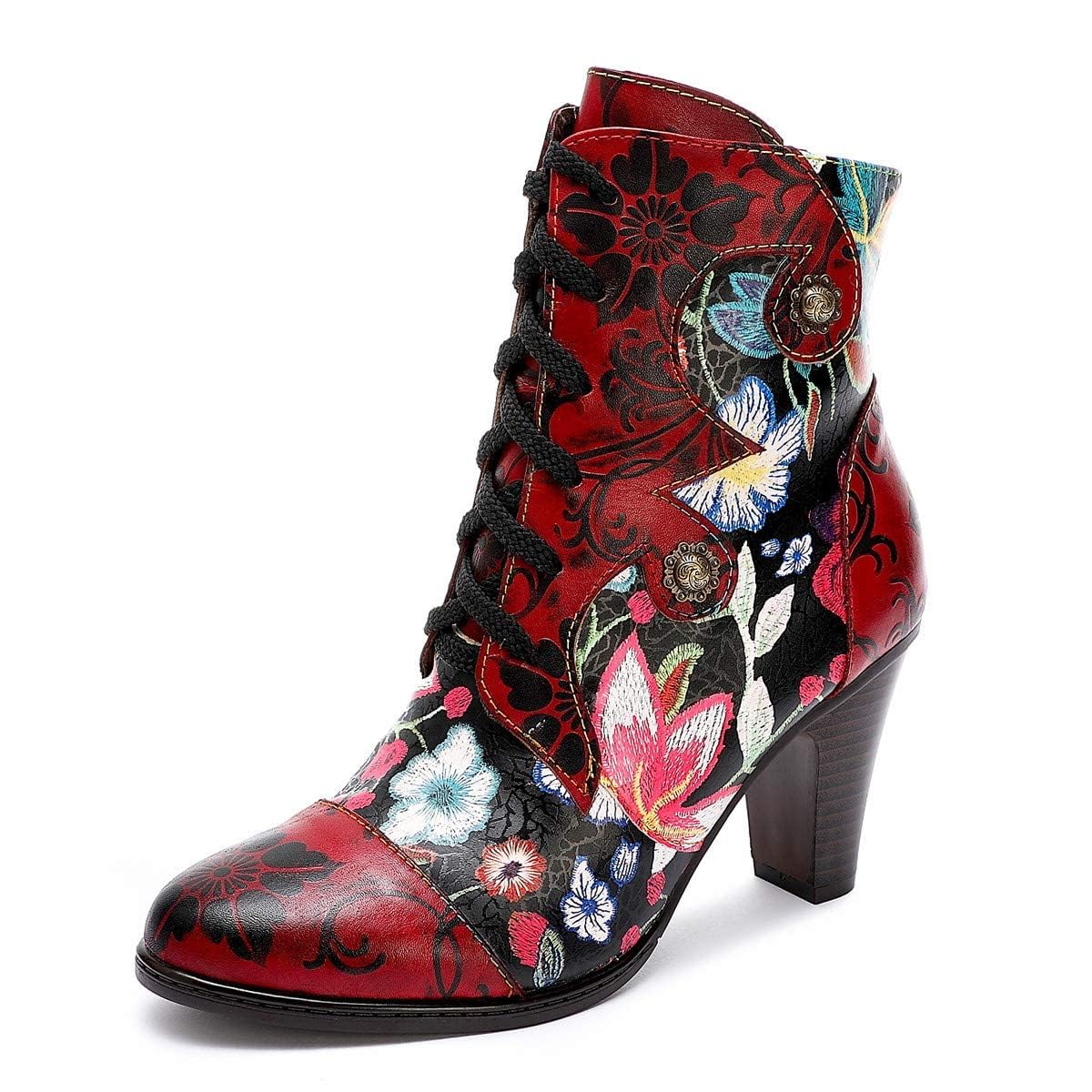 SOCOFY Womens Ankle Boots Leather High Heel Comfort Splicing Floral Pattern Lace Up Boots Leather Winter Fur Lined