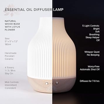 Sacred Lotus Love Ceramic Essential Oil Diffuser Ultrasonic Aroma Diffuser with Wood Base, Ambient LED Light and Timer Settings