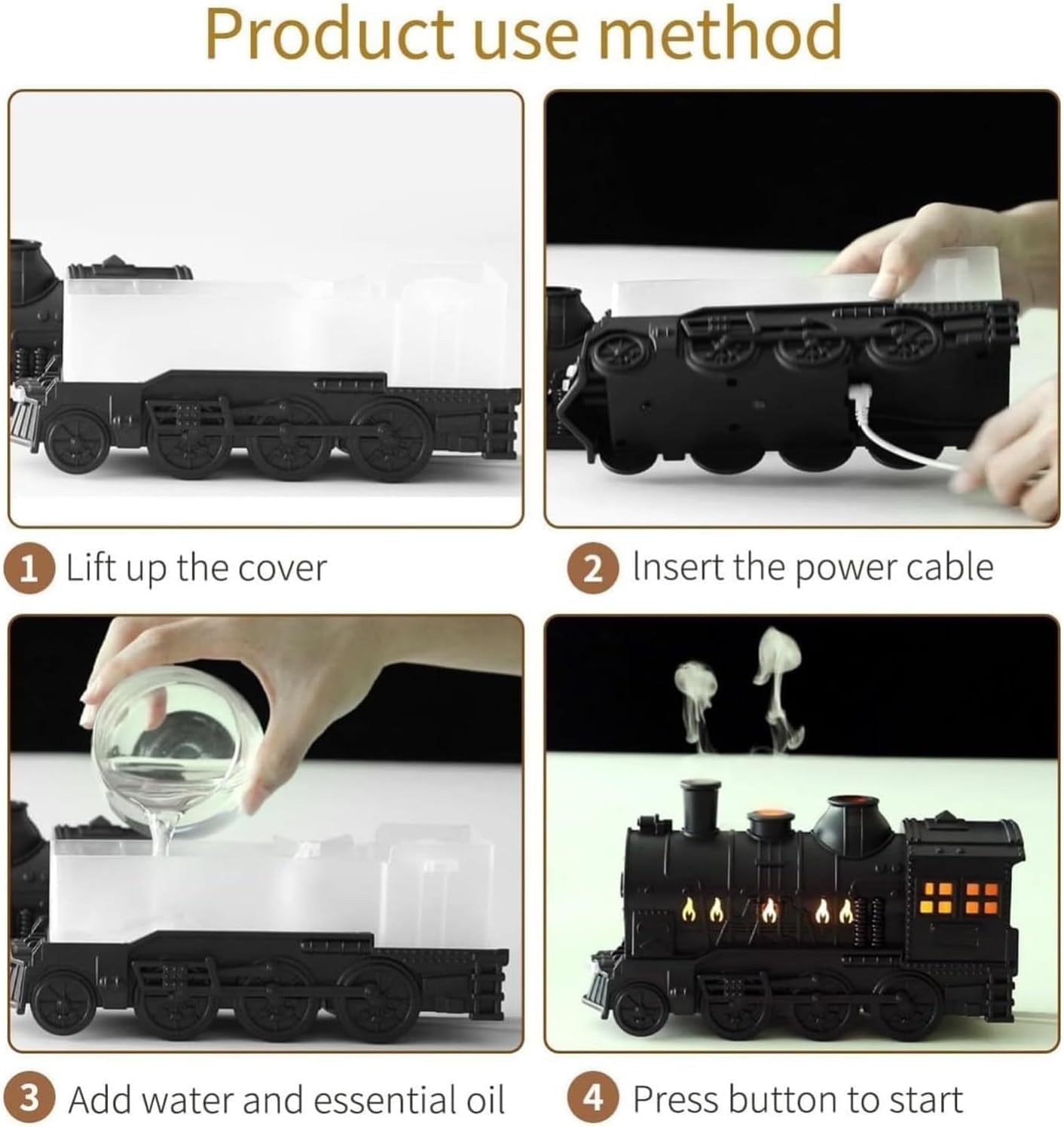 Humidifiers for Bedroom，Cool Quiet Steam Train Looking Mist Air Humidifier，Train diffuser，Remote control included(Black)