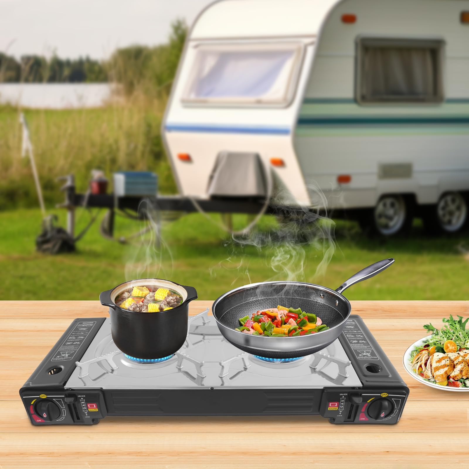 Hornillo de gas para camping de 2500 W, 2500 W, set con parrilla, placa de gas portátil con maletín, cocina de gas rectangular doble, cocina de camping, cocina de gas para exterior, balcón y mesa