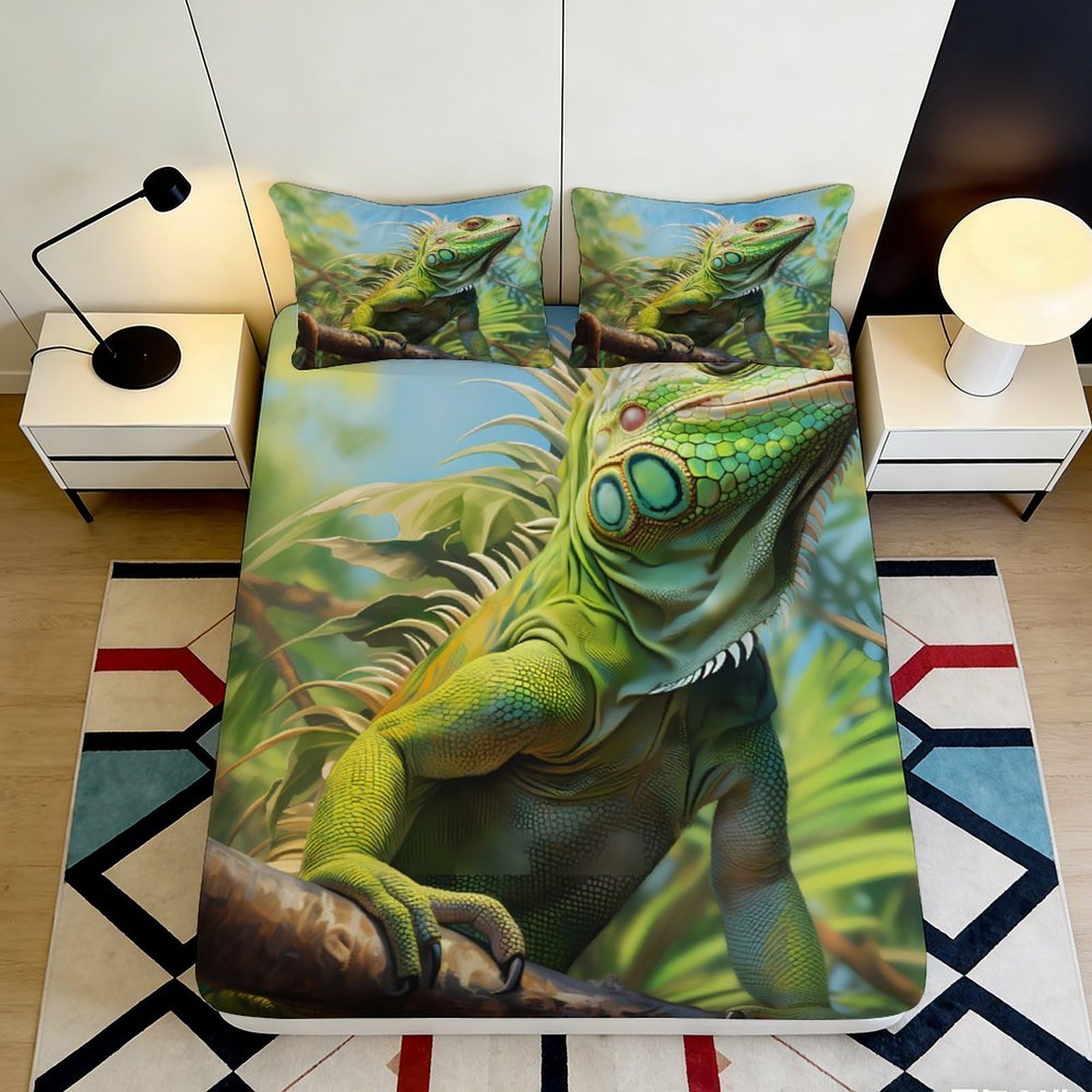 3D Printed Green Lizard Fitted Sheet Microfiber Soft Breathable Jungle Iguana Mattress Cover for Bedroom Dorm Mattress Decor 90x200x25cm