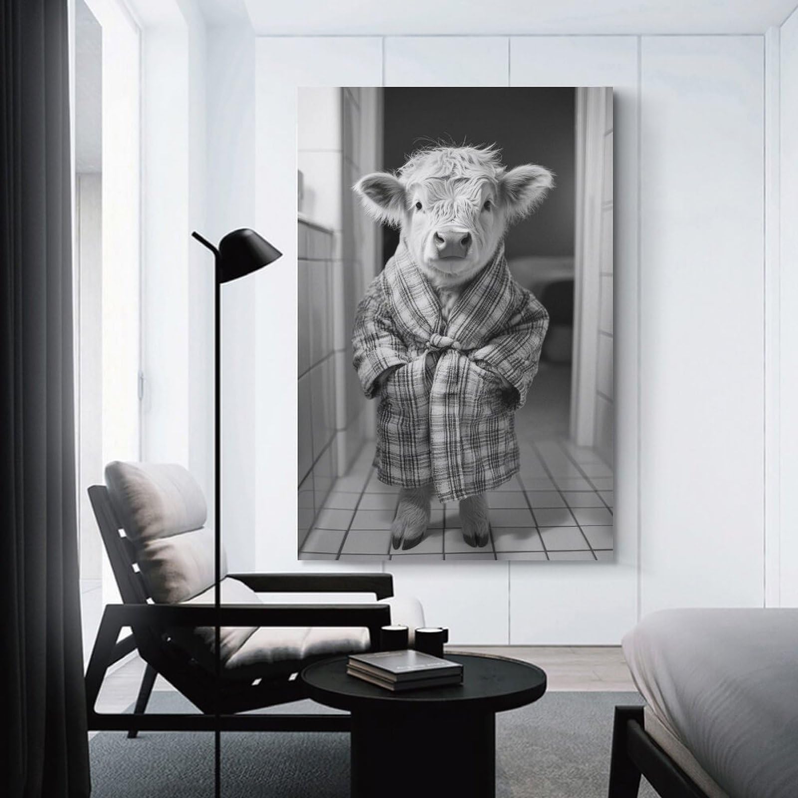Junmoney Unframe-Style-16 Cute Highland Cow In Robe Funny Bathroom Poster Canvas Wall Decor, 16X24inch(40X60cm), For Flats, Guest Rooms Or Compact Rooms, Decorative Canvas Decor For Home Updates