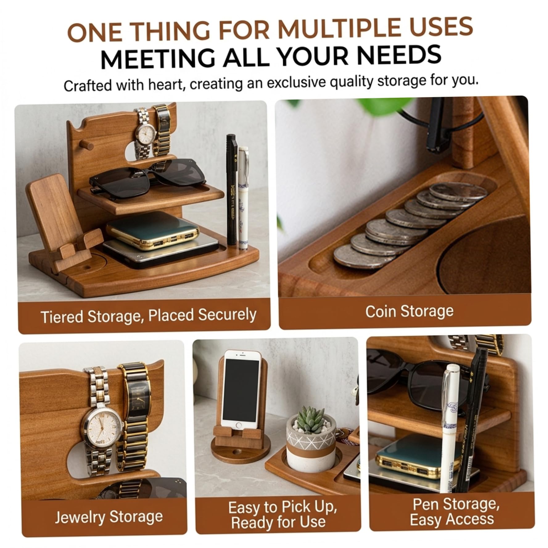Organiseur de table de chevet en bois pour homme avec support montre – Station d'accueil multifonction pour téléphone, table chevet, plateau rangement pour téléphone, lunettes, bijoux