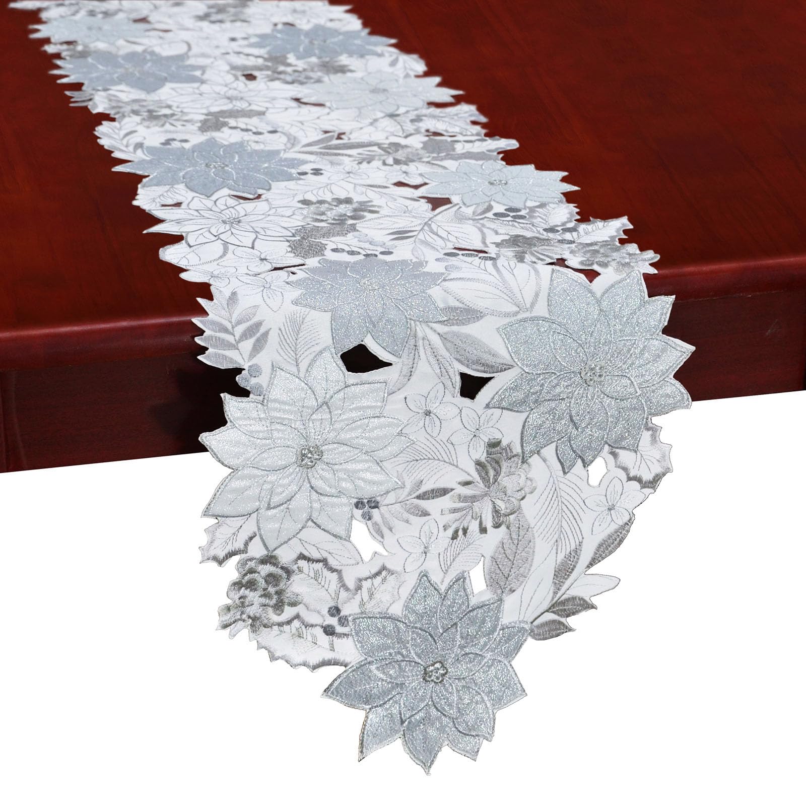 Simhomsen Embroidered Silver Poinsettia Table Runner for Christmas (14×106 inches)