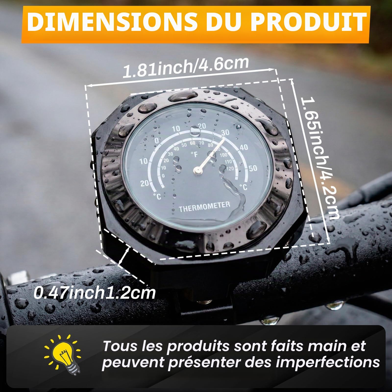Riloer Jauge de thermomètre de guidon de moto, jauge de température en alliage lumineux étanche Compatible avec Yamaha Kawasaki Suzuki Honda, Noir