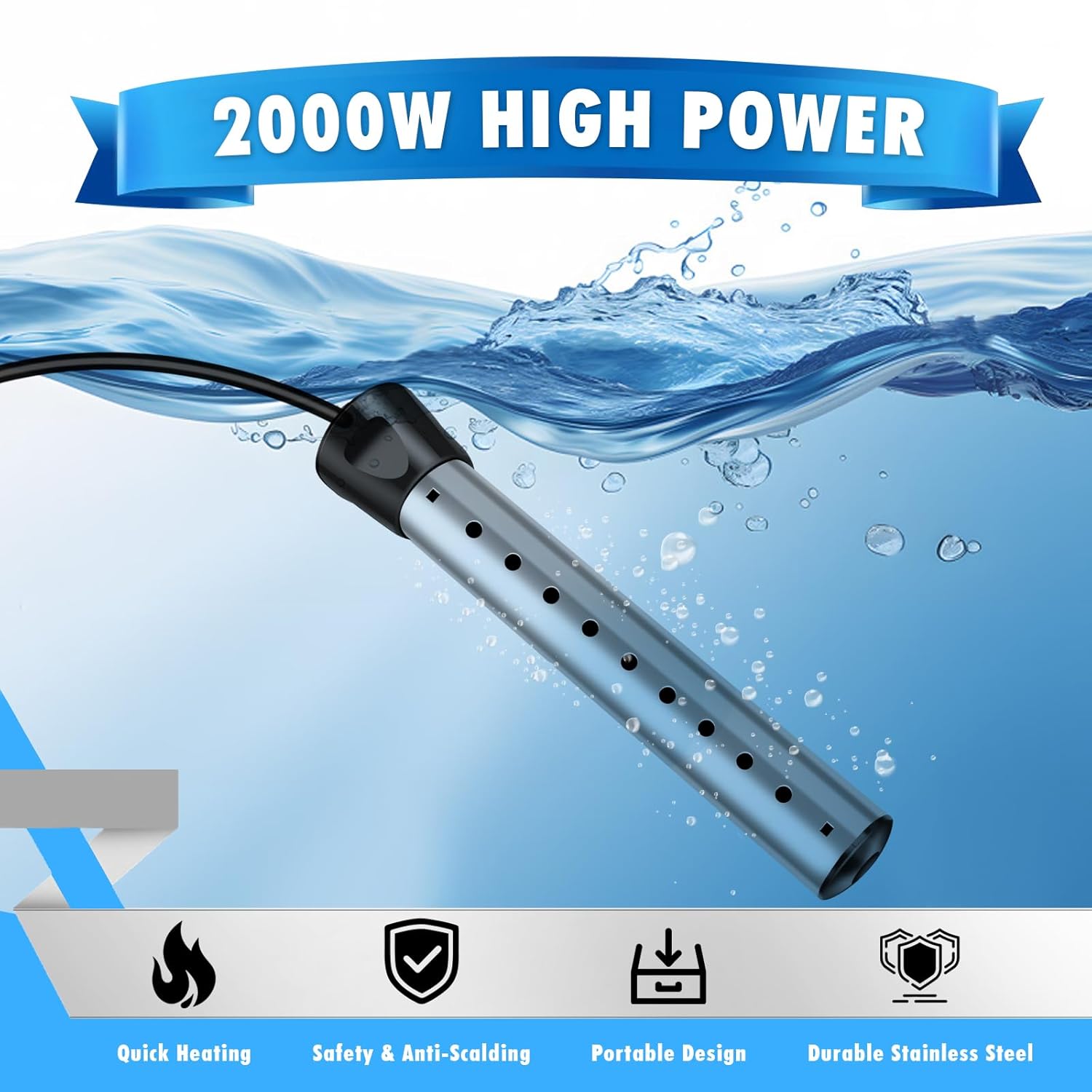 2000W Immersion Water Heater Electric,Portable Water Heater with 304 S S Guard and LCD Thermometer, Anti-Scald, Fast Heating in Minutes Suitable for Bathtub and Bucket