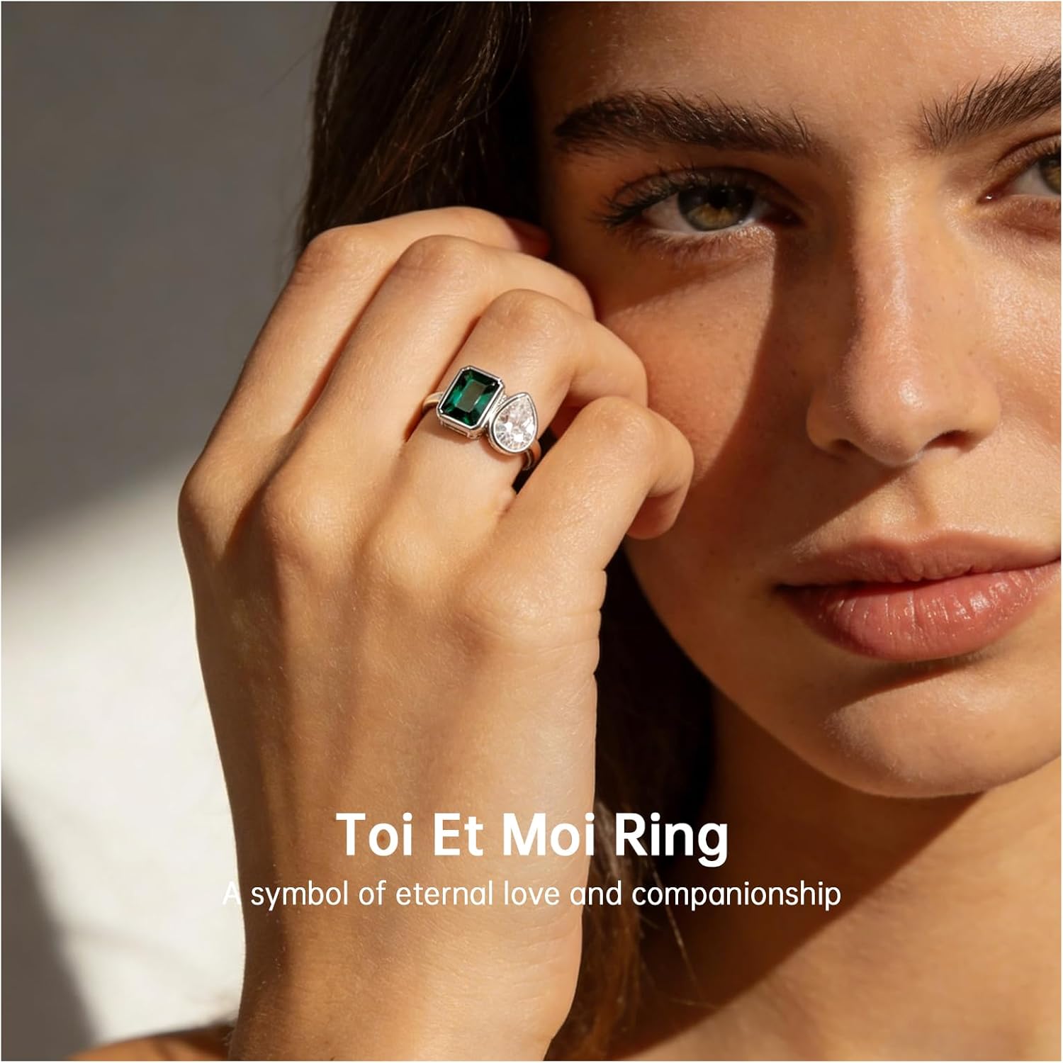 Yaresul 6x8mm 3.5CT Toi Et Moi Ring 925 Sterling Silver Emerald Engagement Ring For Women Double Stone Emerald Shape & Pear Cut Cubic Zirconia Wedding Ring Width Band 1.9mm - Size 5-9