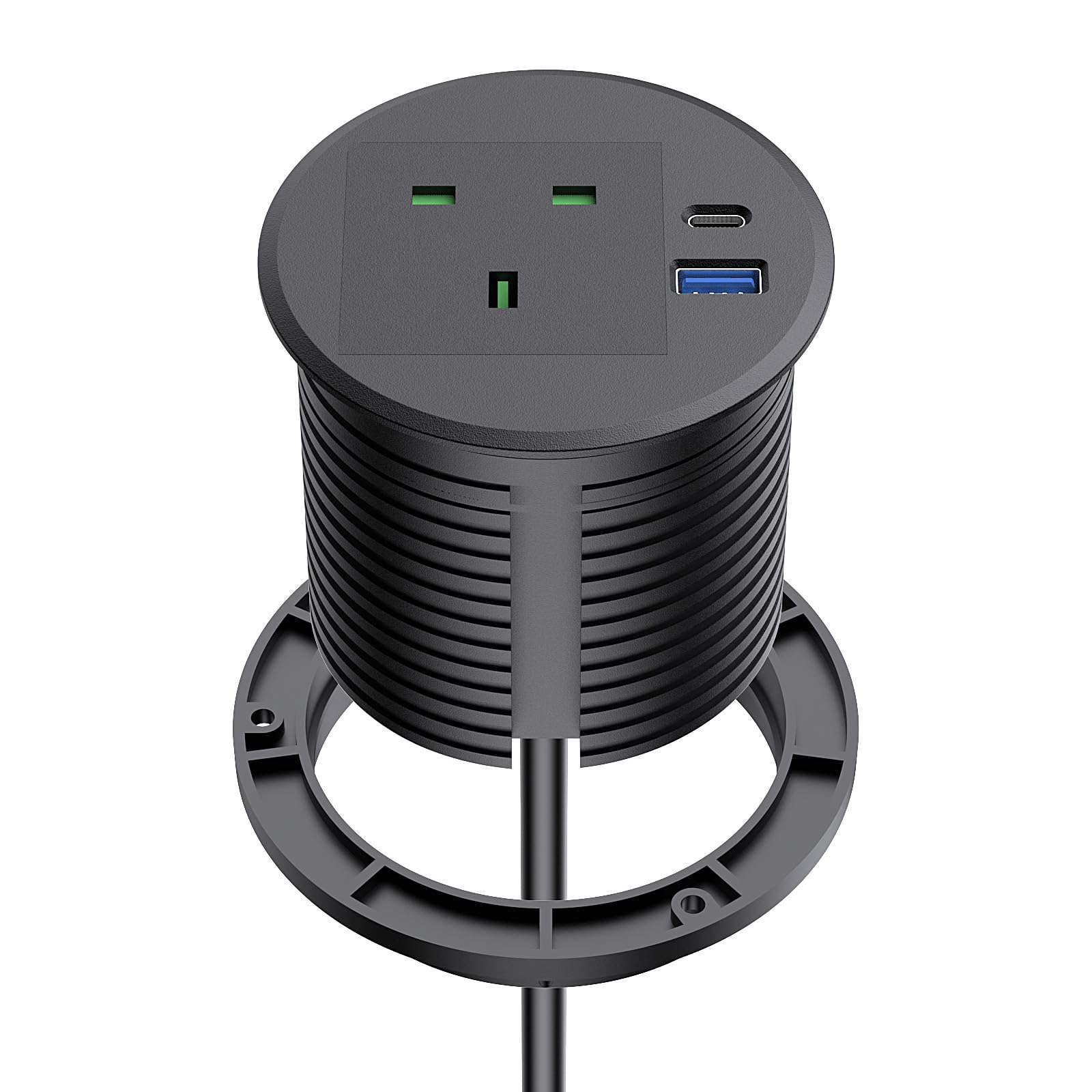 Desk Plug Socket Grommet 80mm Hole with 1 UK Plug, 2 USB Ports, 2M Cable, Recessed Socket for Home Office, Black