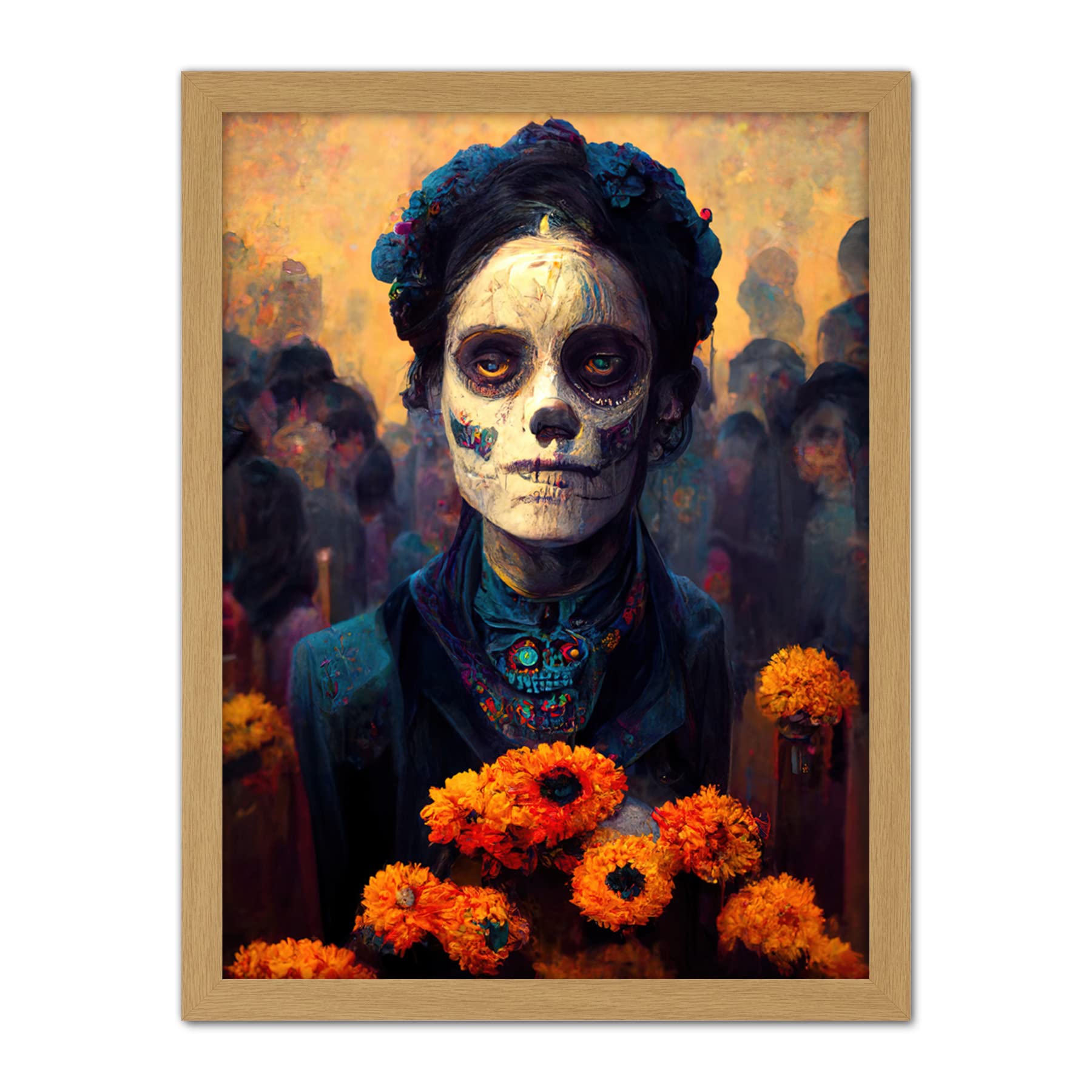Day Of Dead Skull Marigold Flowers Artwork Framed Wall Art Print 18X24 Inch