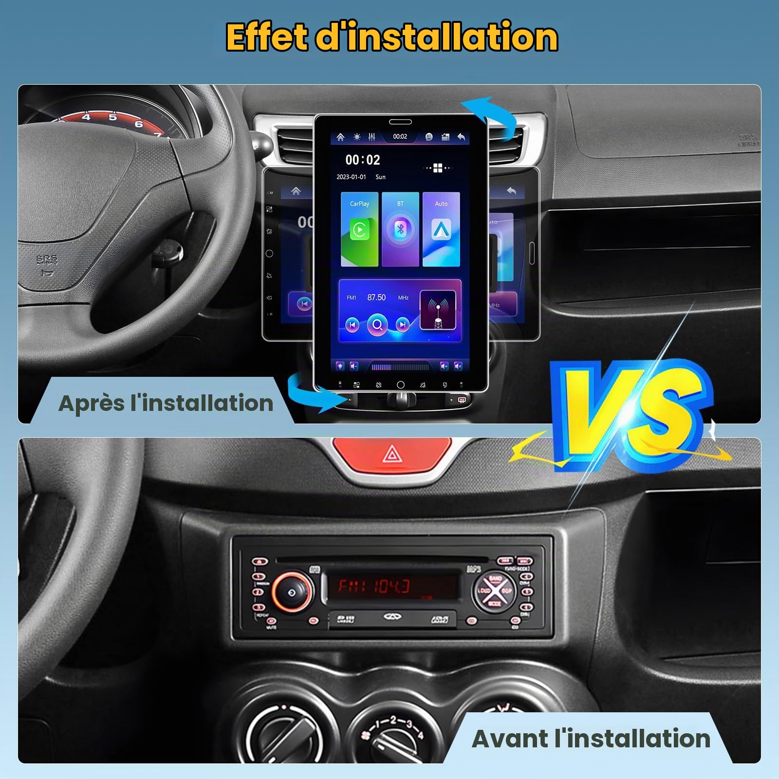 Hikity 1 Din Autoradio avec 10.1”IPS Rotatif Touchscreen Bluetooth 5.2 Wireless Carplay Andriod Auto FM AM RDS Radio avec USB AUX in TF Card EQ SWC Autoradio Caméra de Recul Mirror Link DVR(Support)