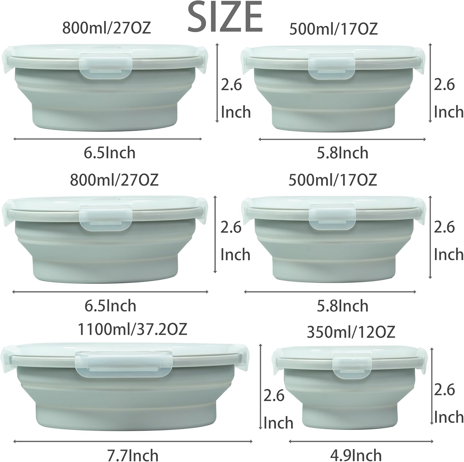 Plus 6PCS Foldable Silicone Food Storage Containers for Kitchen Storage for Leftovers Fruits and Meal Prep Dishwasher Safe Microwave Safe Ideal for Home and Travel (grey, round)