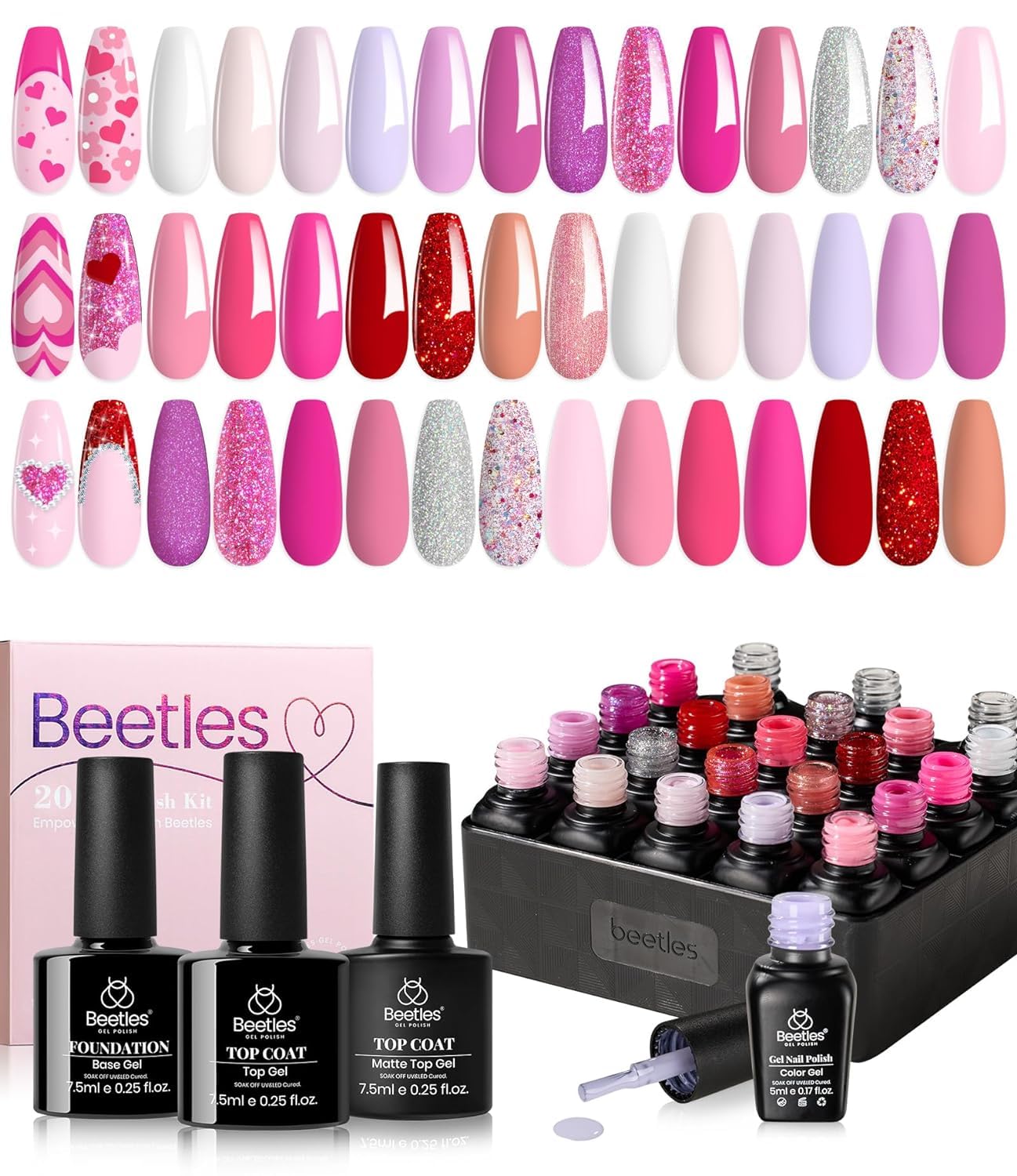 Beetles Gel Polish Set- Alluring Sweetie Collection Nail Set 20 Colors Red Nude Pink White Glitter Gel Polish Kit Soak Off Nail Lamp Varnish Manicure DIY Beauty Nail Art Gifts for Girls