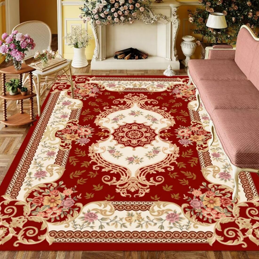 Tapis fille chambre rouge 180x260cm style rétro lavable pour grand espace enfant