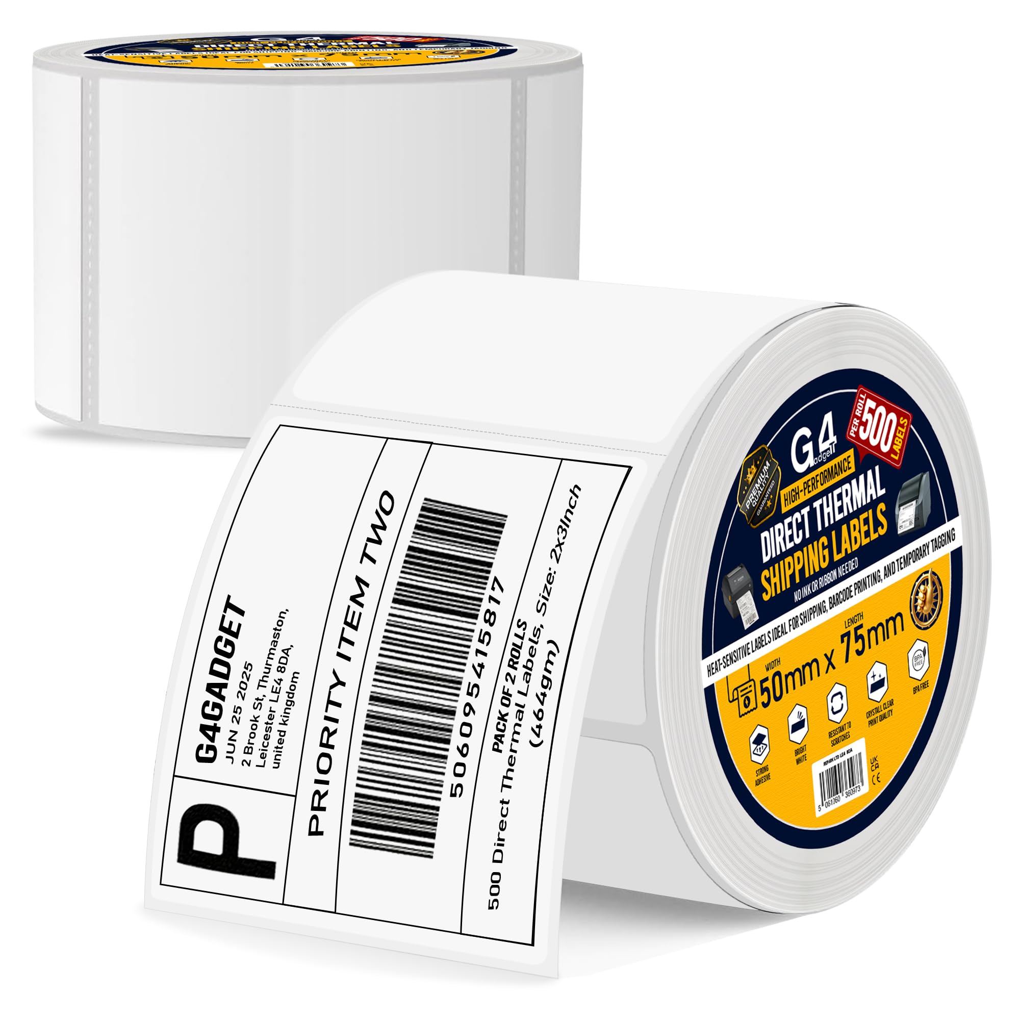 G4GADGET 2 Rolls White Writable Labels – 500 Stickers Per Roll – 1000 Total – 50x75mm Adhesive Labels for Storage, Packaging, Office & Inventory – Easy Peel Blank Stickers