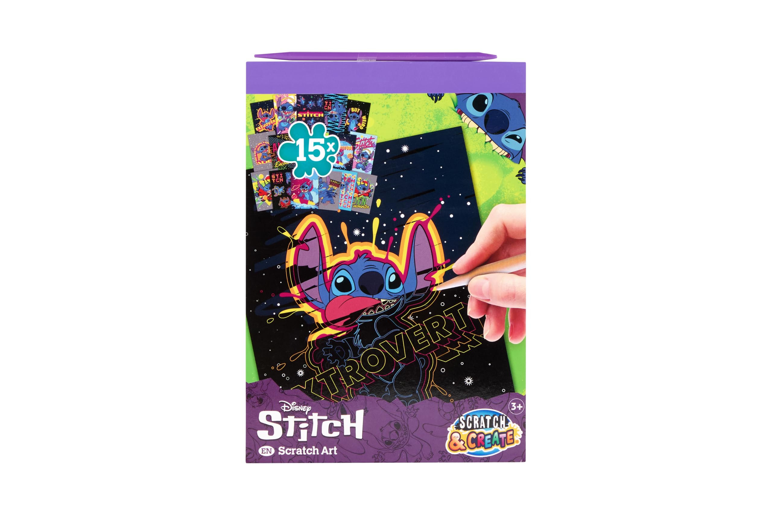 Disney Stitch Scratch Pictures Book A5 for Children Scratch Art Craft Book with 15 Motifs in A5 Format Includes Wooden Scratch Pen Rainbow Colour Effect Creative Set from 3 Years