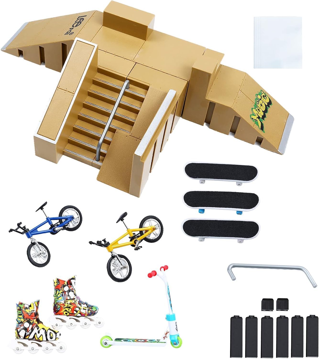 Skate Park Kit, Skate Park Kit Ramp Parts for Finger Skateboard Fingerboard Ramp Skate Park Kit Part Training Props with 6 Finger Skateboard 3 Finger Bike