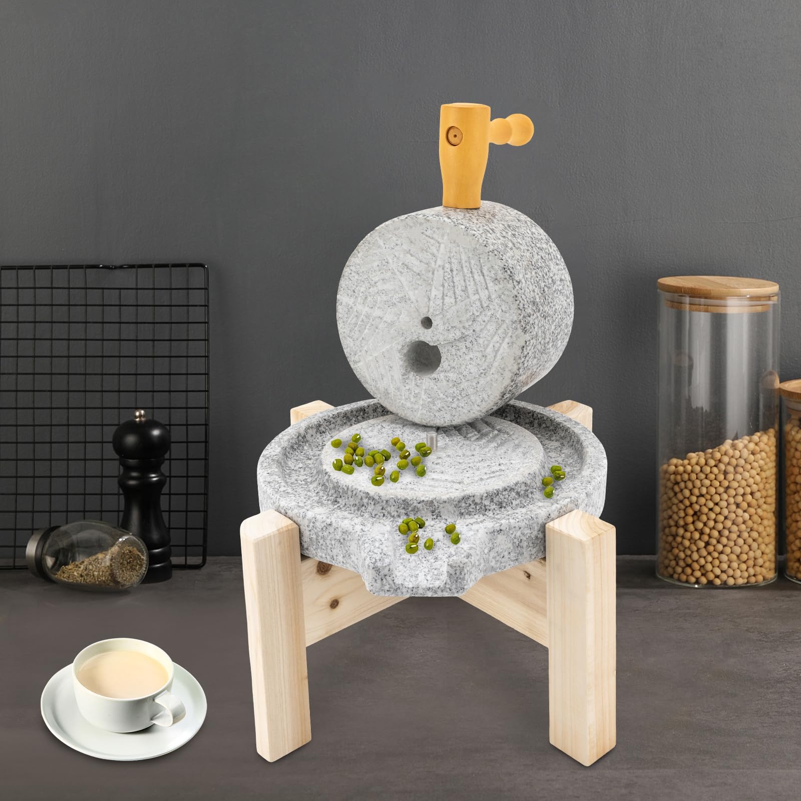 Manuelle Getreidemühle für Weizenmehl, Sojamilch und Sesampaste - Natürliche Granitsteinmühle mit Ständer für hausgemachten Tofu und gesundes Kochen